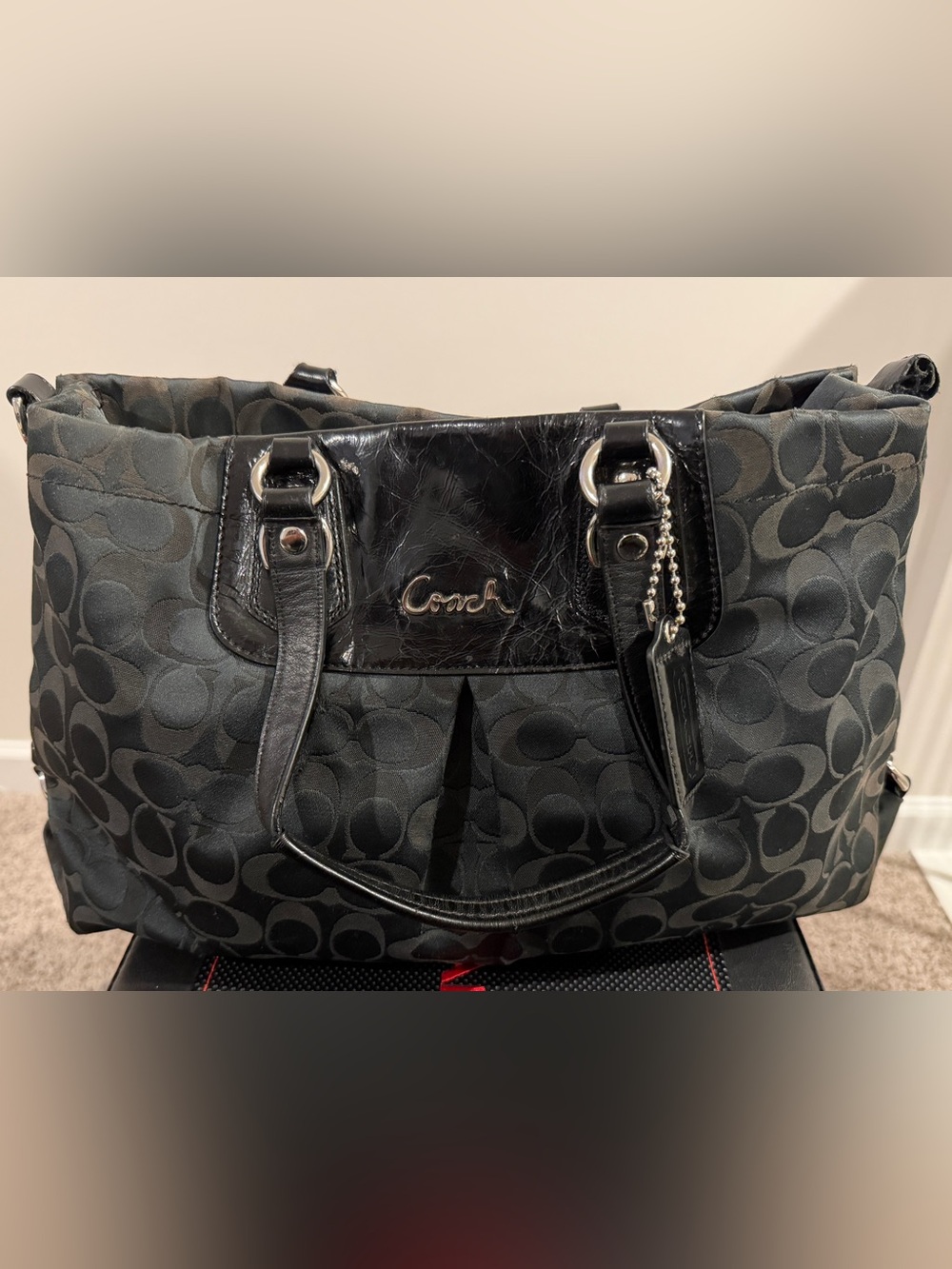 Coach Black Signature Fabric Tote with Leather Trim